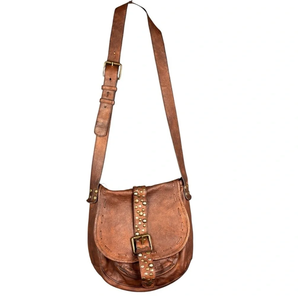 Patricia Nash Genuine Leather Designer Satchel Handbag Brown Studded Buckle